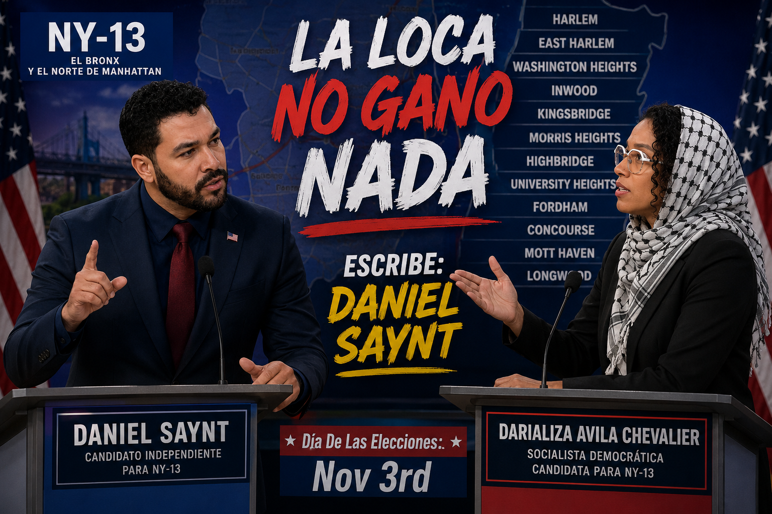 Two individuals at a debate, with campaign signs for Daniel Saynt and Darializa Avila Chevalier, discussing New York City districts and election date, with a map and flags in the background.