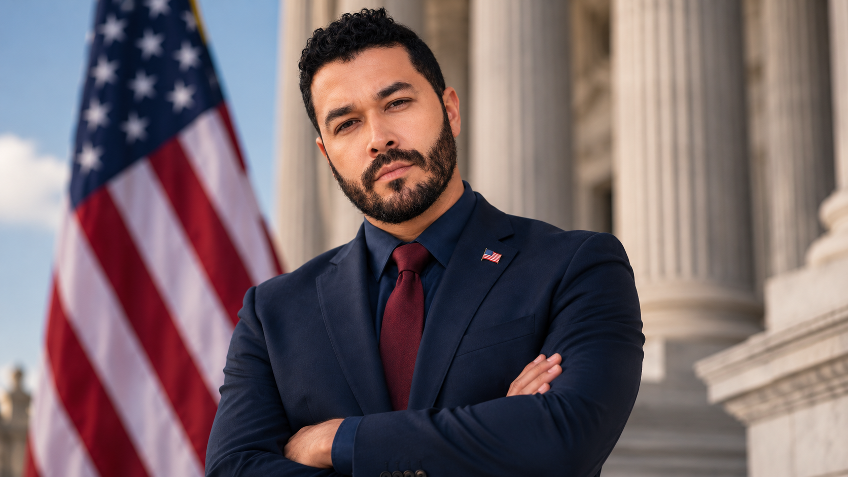 Man with dark hair and beard wearing a navy suit, red tie, and American flag pin, standing with arms crossed in front of a U.S. Capitol building and an American flag.