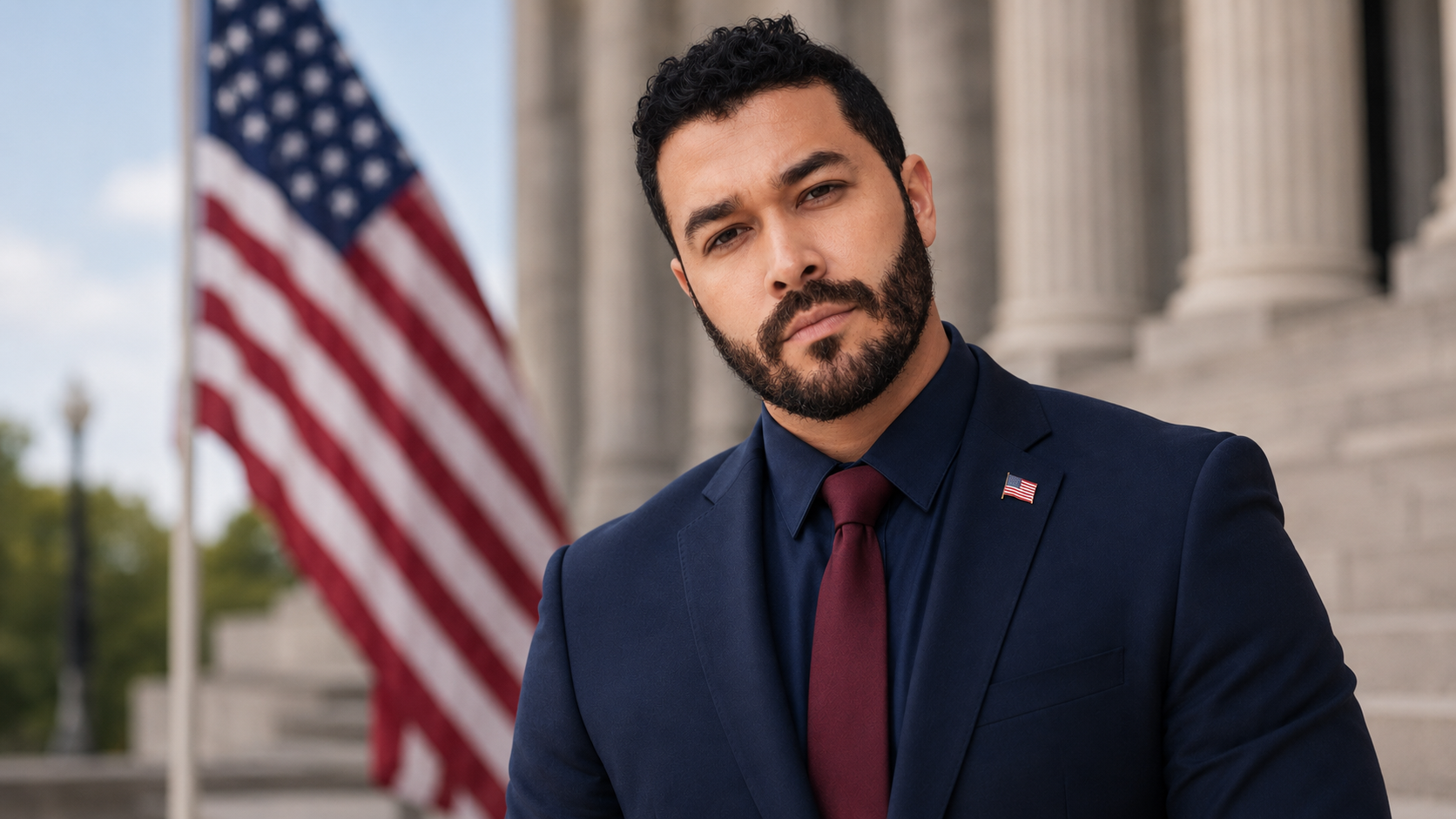 A man with a beard in a navy suit and red tie stands in front of an American flag and a government building with columns.