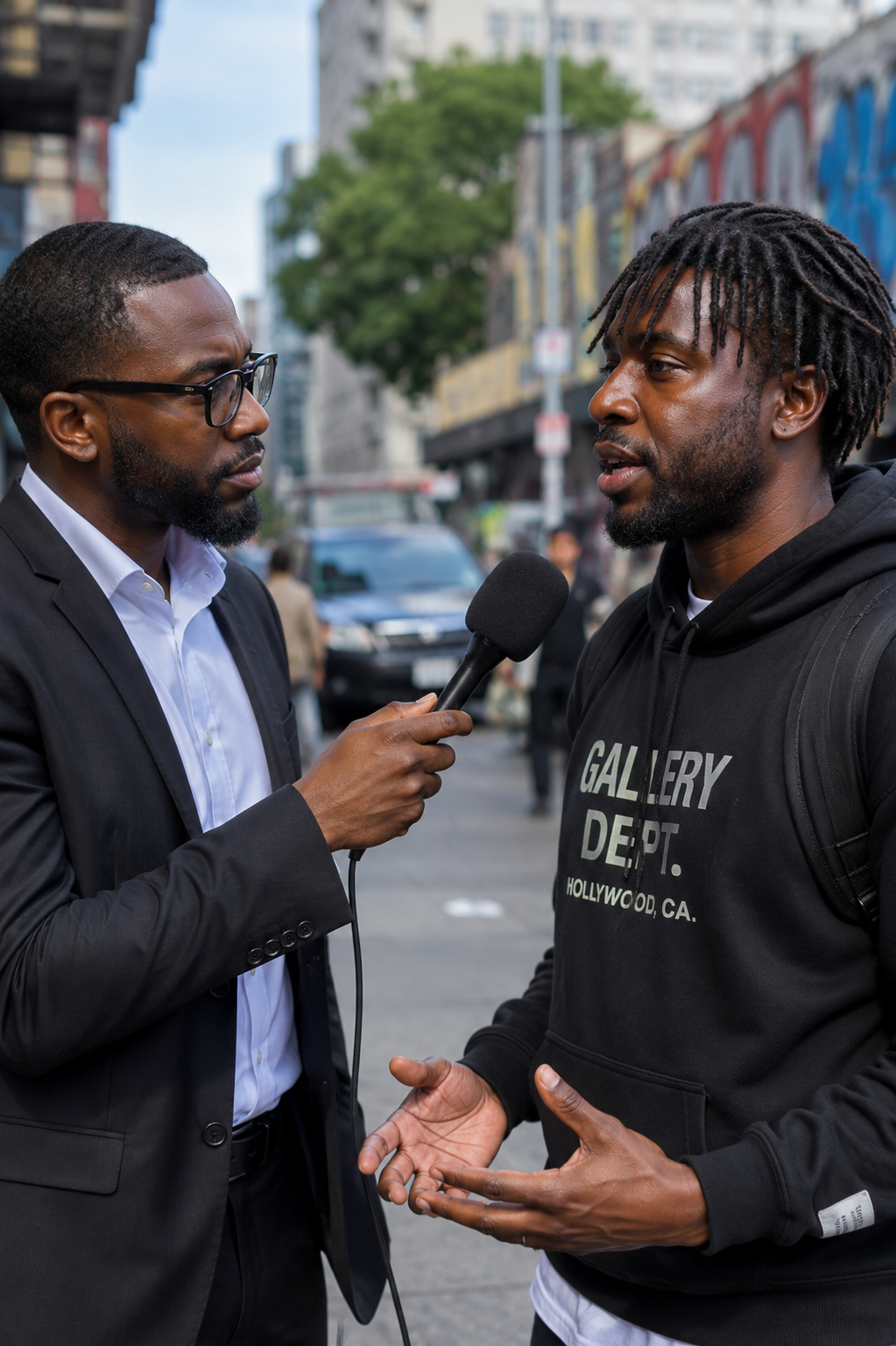 Two men are having an interview on the street; one man in a black suit and glasses holds a microphone to the other man, who is wearing a black hoodie with printed text. They are engaged in conversation.