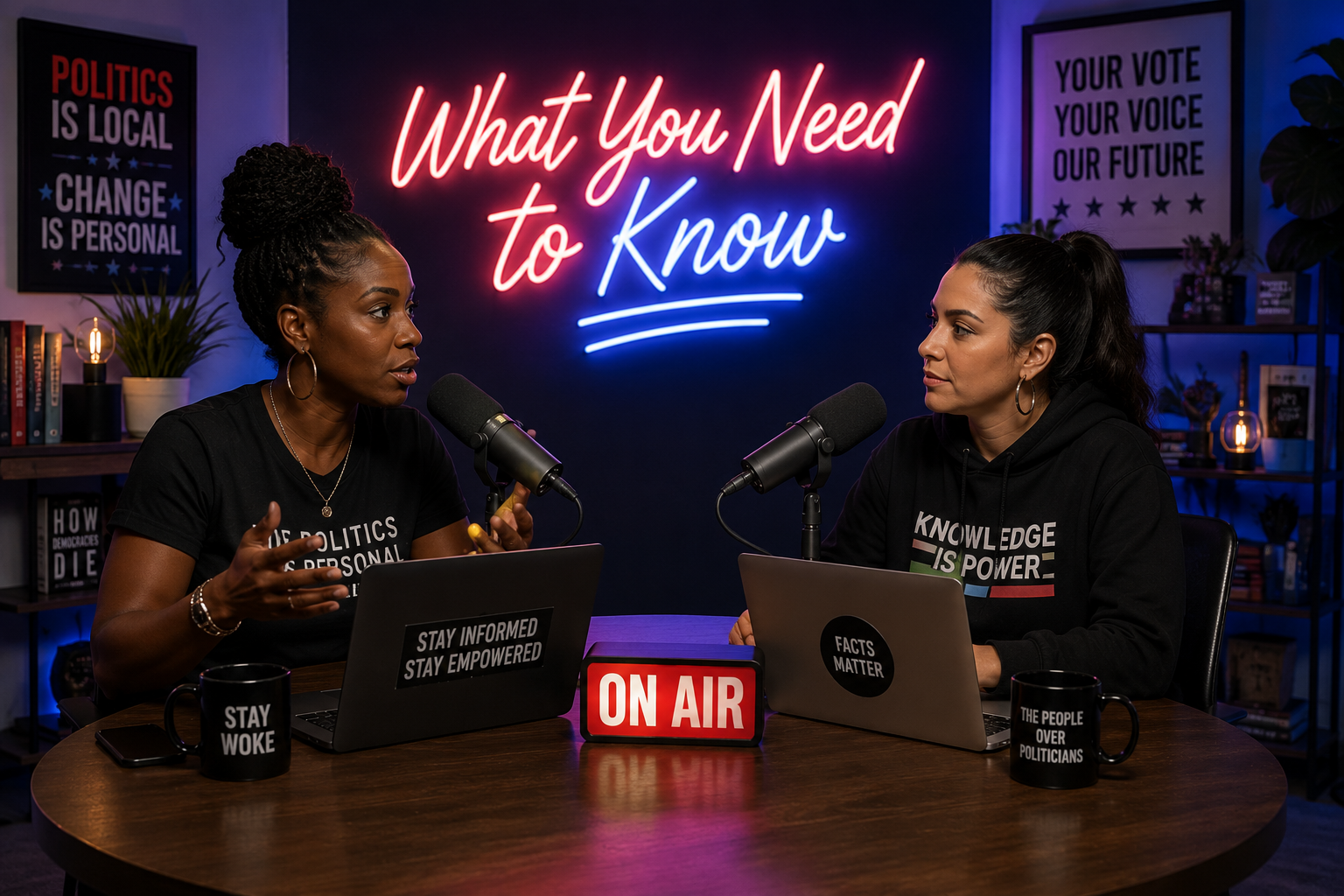 Two women speak into microphones in a podcast studio with a sign that reads 'What You Need to Know' in neon lights, sitting at a table with laptops and coffee mugs, with books and posters on the shelves in the background.
