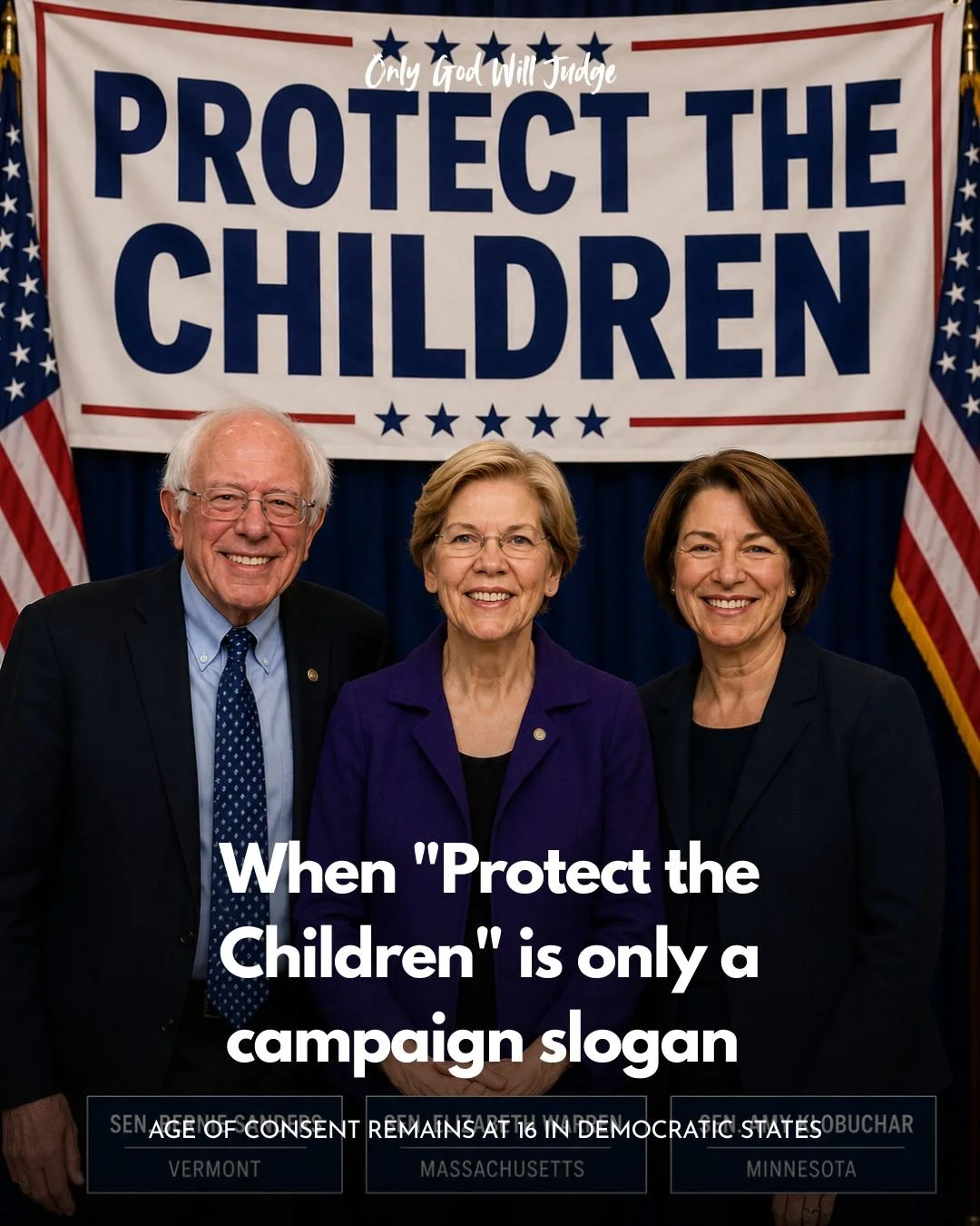 Photo of three politicians standing in front of a banner that says 'Protect the Children'. The text on the image indicates criticism of the slogan 'Protect the Children,' with a note saying the age of consent remains at 16 in various states.
