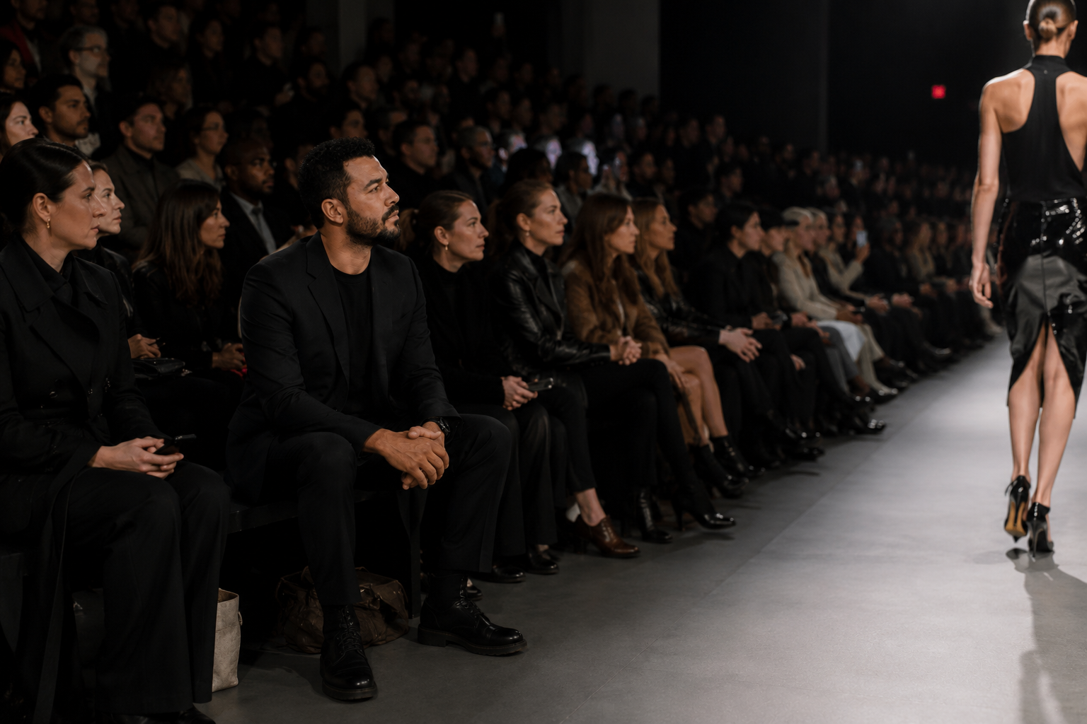 Audience watching a runway fashion show, with models walking on the runway.