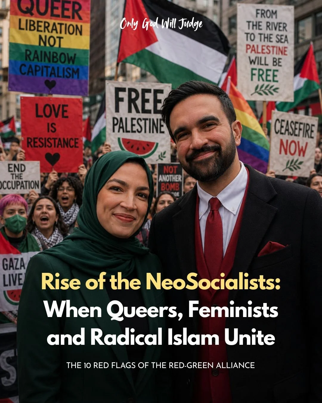 Two individuals smiling in front of a crowd holding signs and flags supporting Palestine, LGBTQ+ rights, and anti-capitalism, with slogans such as "Free Palestine," "Love is Resistance," and "Ceasefire Now."