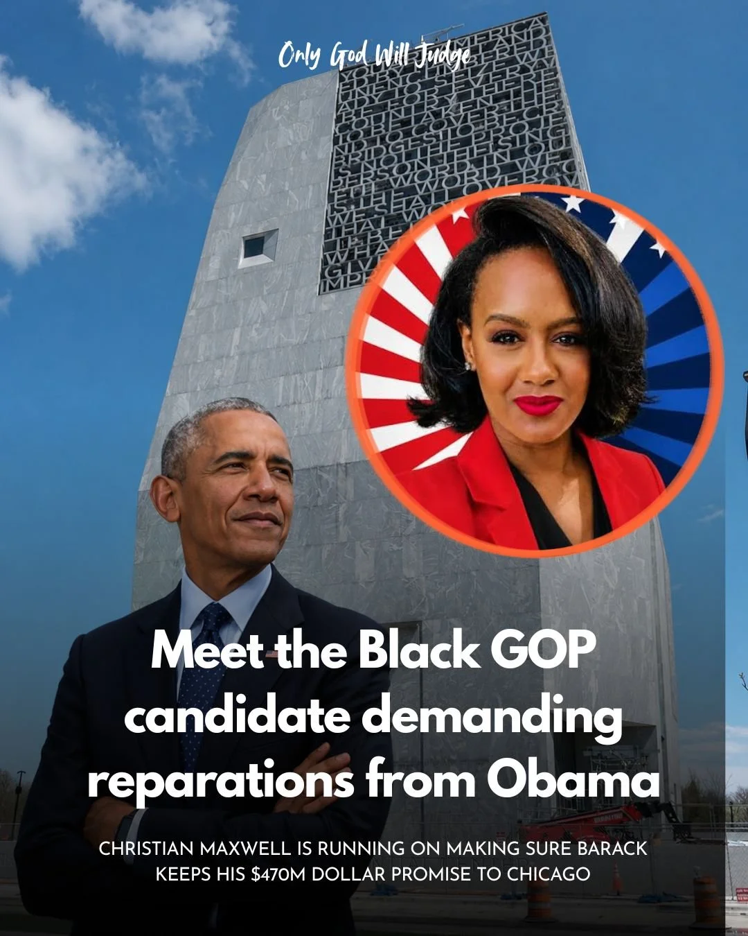 A tall monument with text on its surface, a portrait of a woman with a patriotic background blended into the photo, and a man in a suit looking thoughtful. The headline reads: 'Meet the Black GOP candidate demanding reparations from Obama.'
