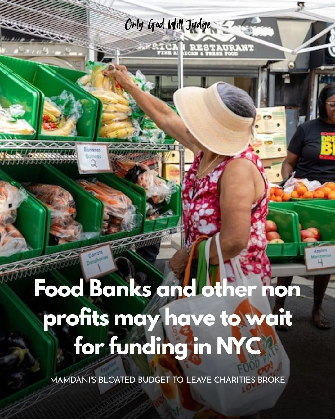 A woman wearing a wide-brimmed hat and floral tank top is shopping for produce at a grocery stand, selecting bananas with other fresh vegetables and fruits on display, including carrots, apples, and oranges, with signage for prices. Text overlay stat