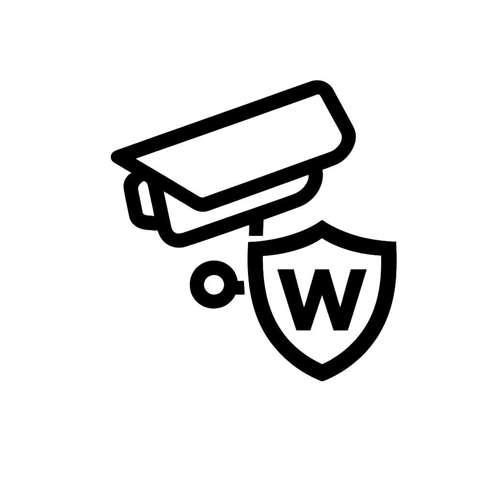 Line drawing of a security camera with a shield and the letter W, representing web security or protection.