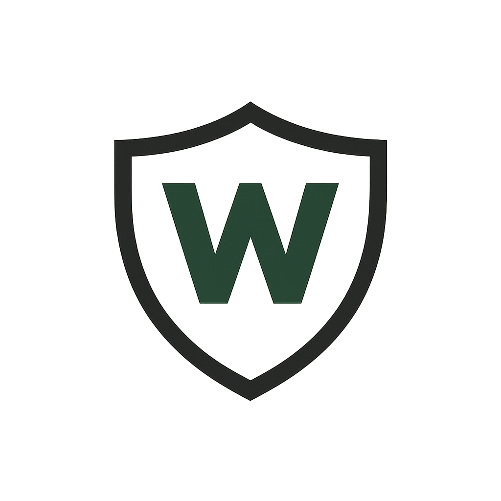A logo featuring a dark shield with a large green letter 'W' in the center, set against a starry night sky.