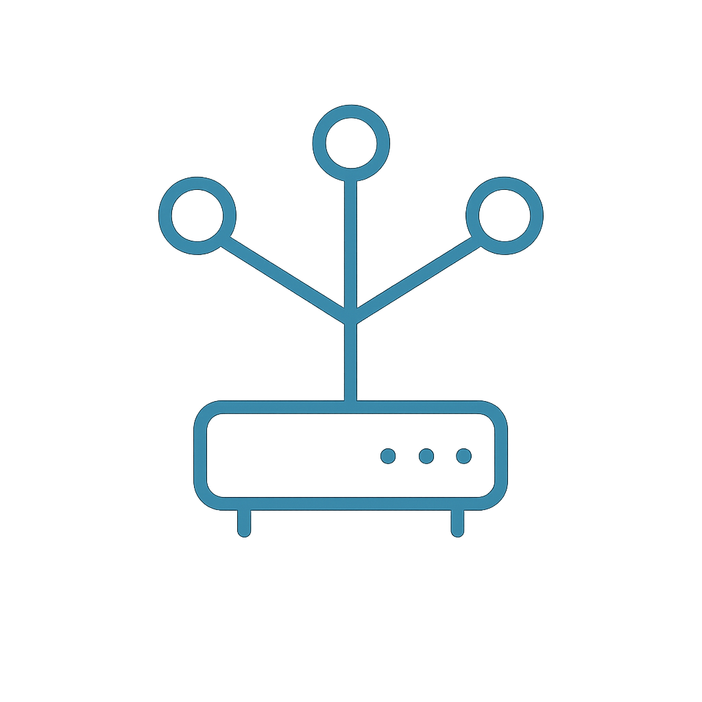 Line drawing of a network router with three connected nodes extending from it.