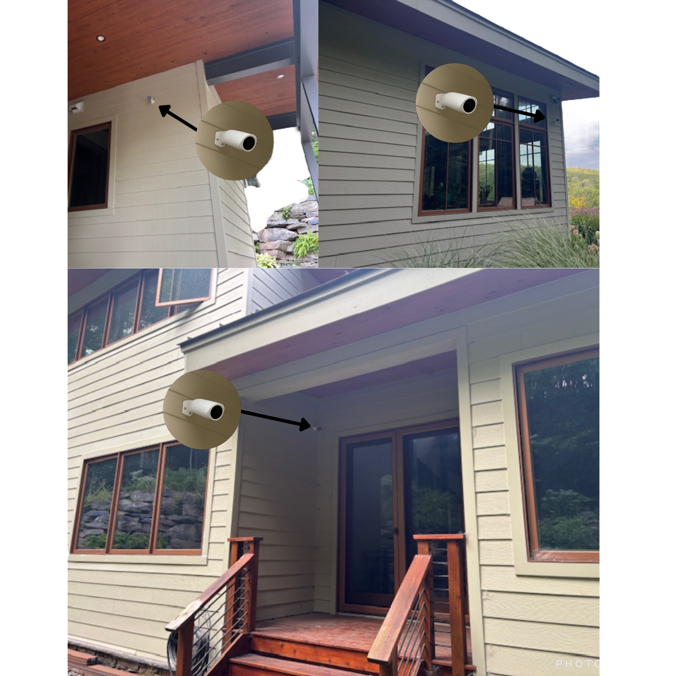 Three different angles of a house exterior showing security cameras mounted on the walls and under the roof overhang.