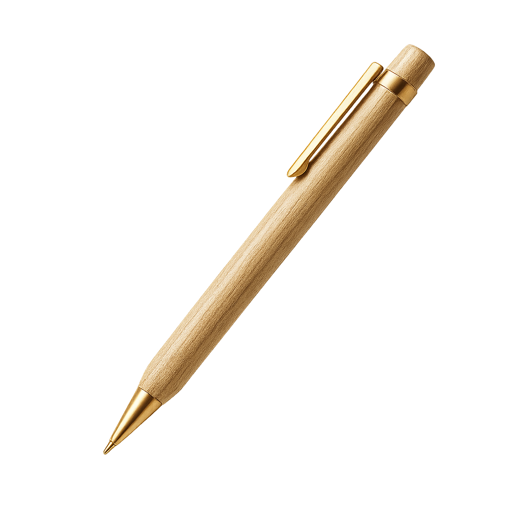 A wooden ballpoint pen with gold accents on a black background.