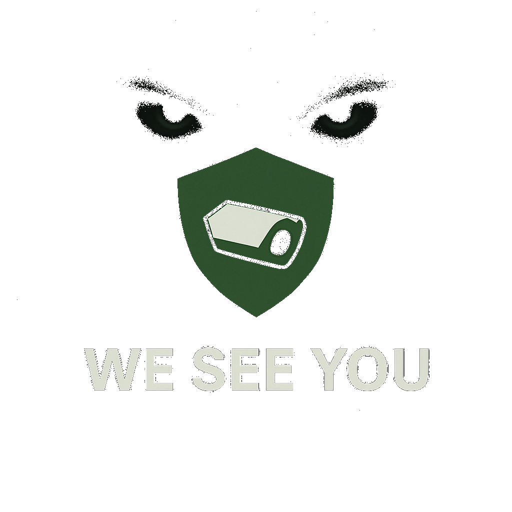 A digital illustration of a security camera within a shield symbol, with the text 'WE SEE YOU' beneath it against a dark background.