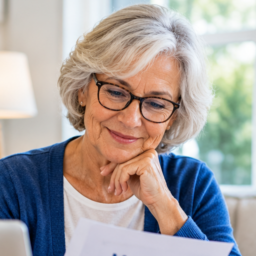 Smiling older woman with glasses reading a document at home