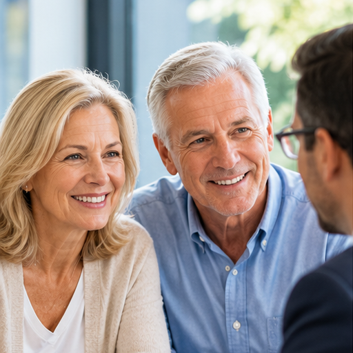 Smiling older couple speaking with a man wearing glasses indoors
