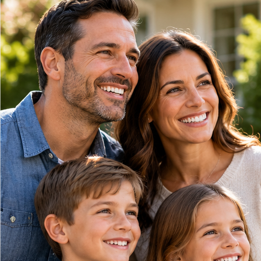 Smiling family of four posing outdoors in warm sunlight