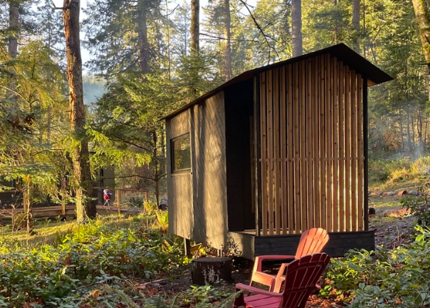 A small, rustic cabin with wood siding and a sloped roof is set in a forest with tall trees. There's an Adirondack chair in front of the cabin and a small fenced pathway nearby, with sunlight filtering through the trees.