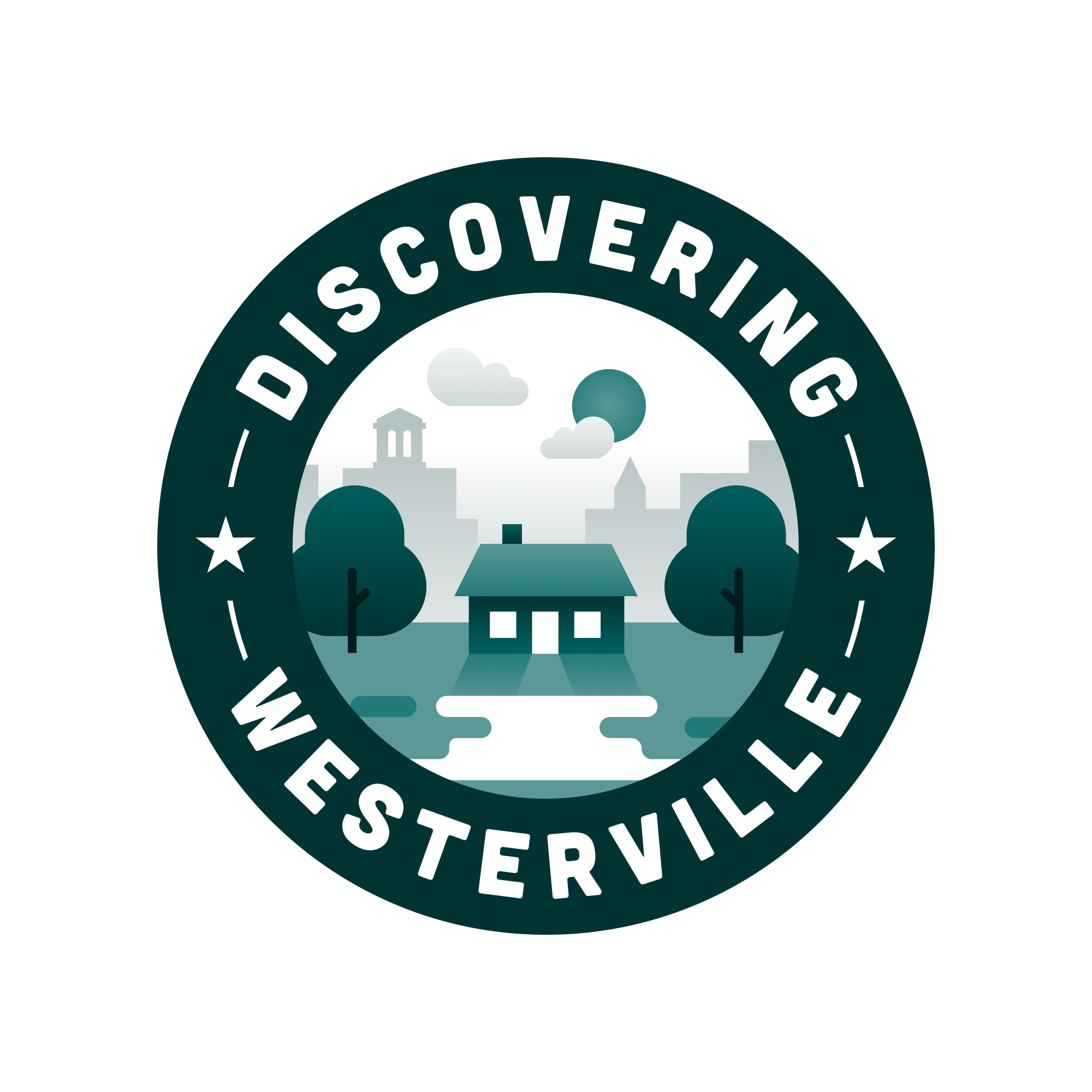 Logo with the words 'Discovering Westerville' encircling a scenic illustration of a house, trees, clouds, and city buildings with a moon in the sky.