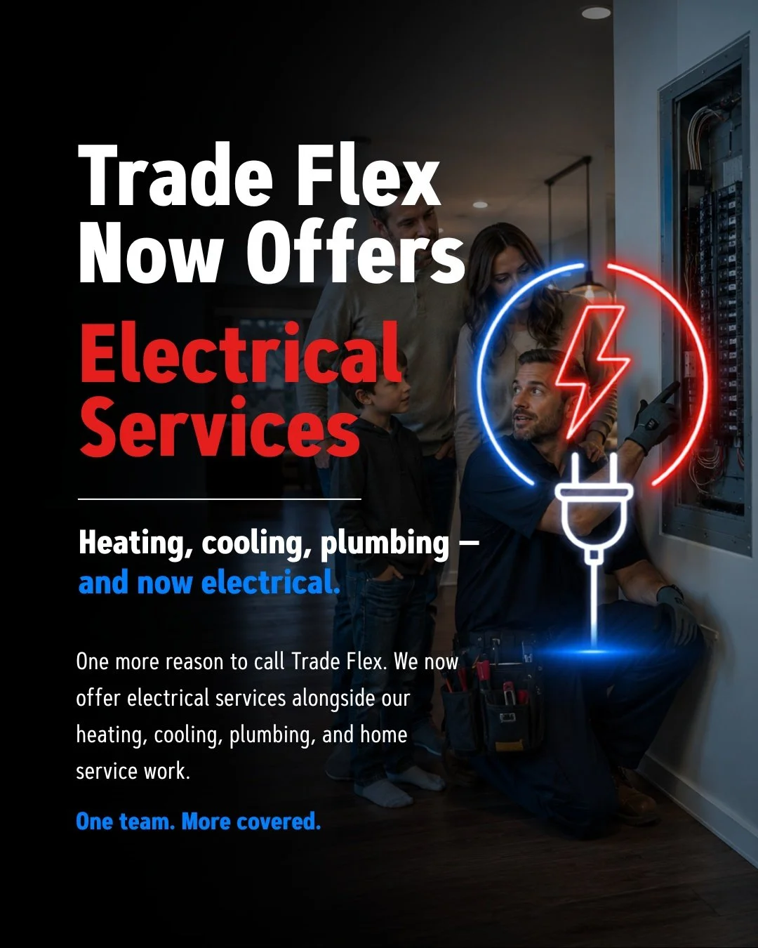Electrical issues are not something homeowners should have to chase down separately.

Now, Trade Flex Solutions can help with more of the work your home depends on, including electrical repairs, upgrades, and installations.

That means fewer contract