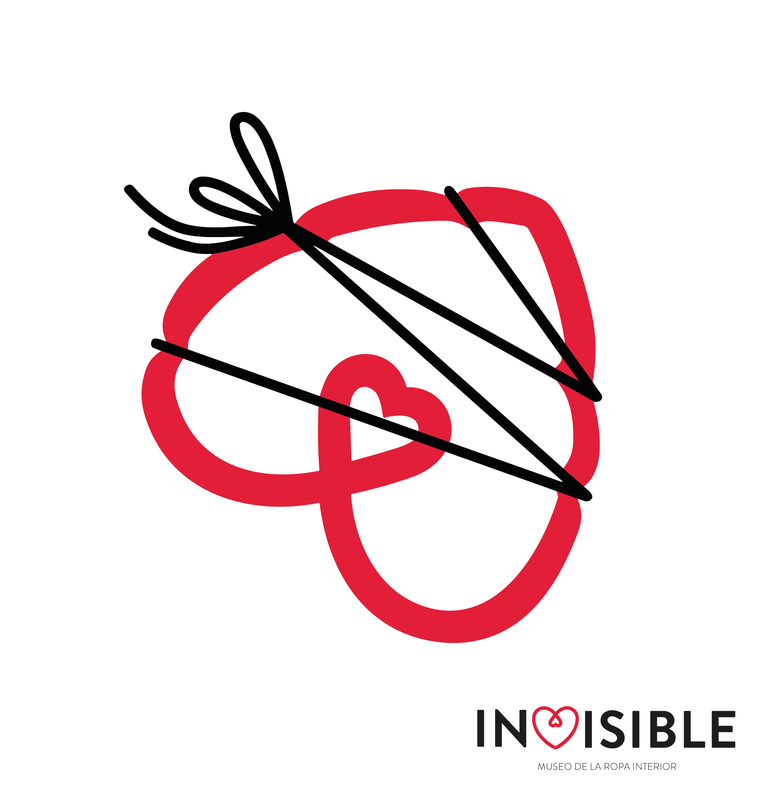 Abstract artwork featuring a red, irregular heart and a black, abstract form with sharp, jagged edges, over a black background with the text 'INVISIBLE Museo de la Ropa Interior' at the bottom.