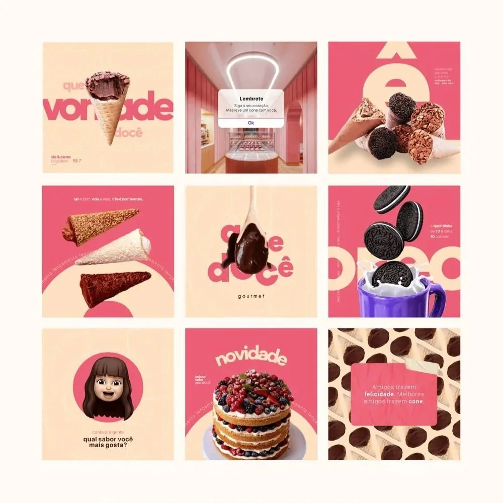 A collage of nine pink-themed food and dessert images, including ice cream cones, a chocolate ice cream, ice cream sandwiches, a spoon of chocolate, Oreo cookies, a girl illustration, a layered cake with berries, and a pattern of chocolate truffles.