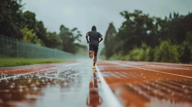 A person running on a wet outdoor track during rainy weather, surrounded by trees.