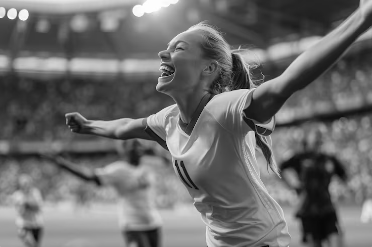 A woman with her arms outstretched and eyes closed, celebrating on a sports field or stadium, with a joyful expression.
