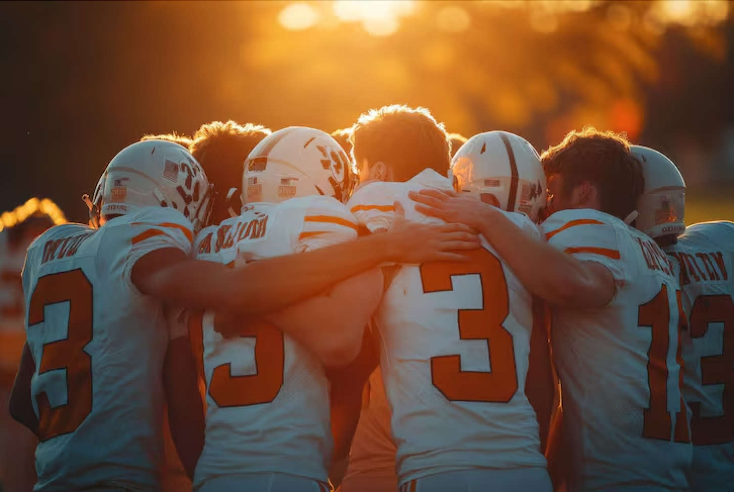 A group of American football players in white jerseys huddling together with helmets during sunset.