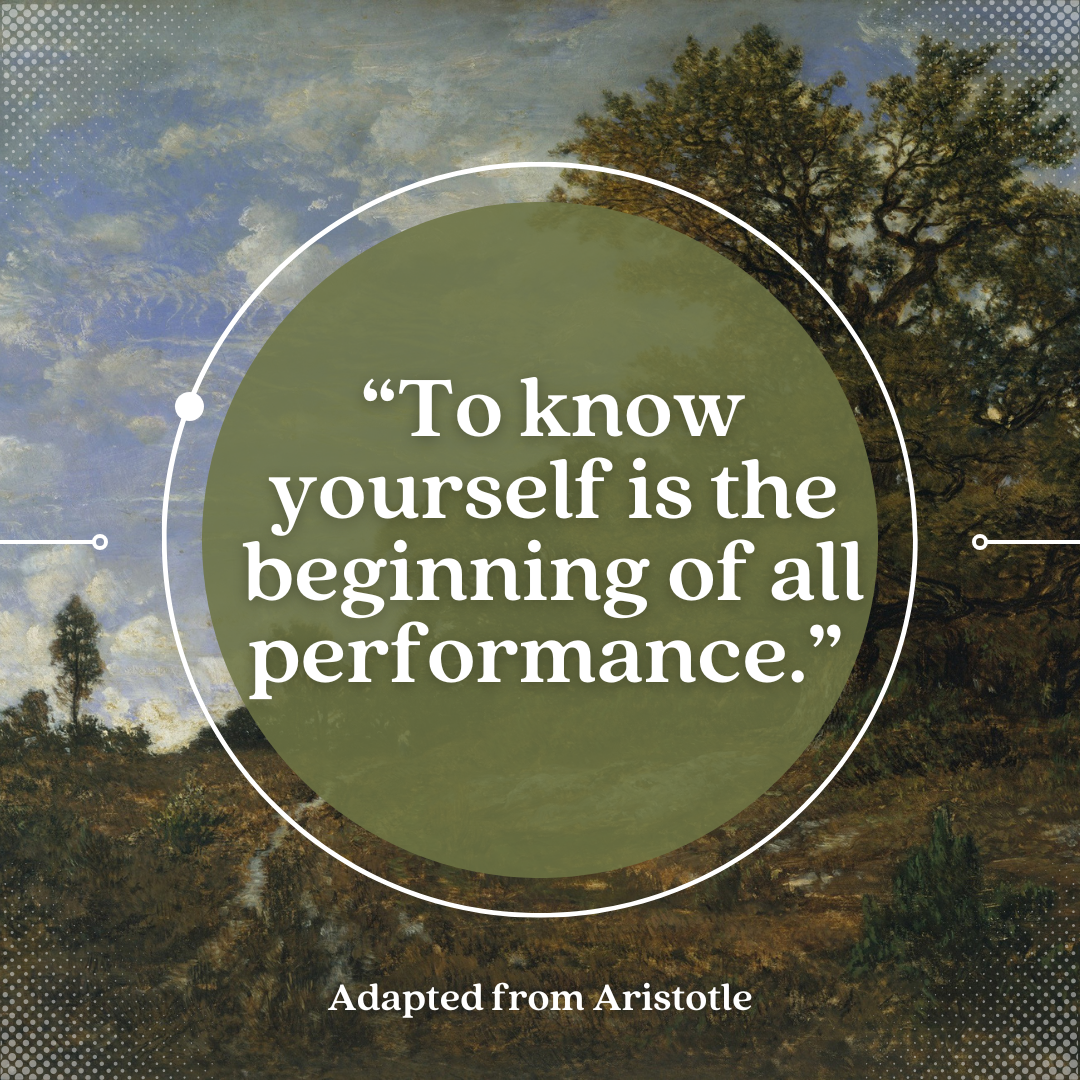Quote by Aristotle reading, 'To know yourself is the beginning of all performance,' over a landscape painting of trees and sky.