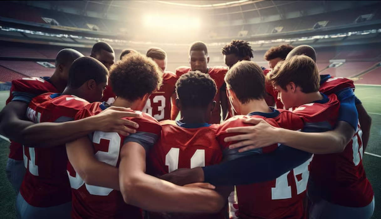 A group of football players in red jerseys huddled together in a stadium.