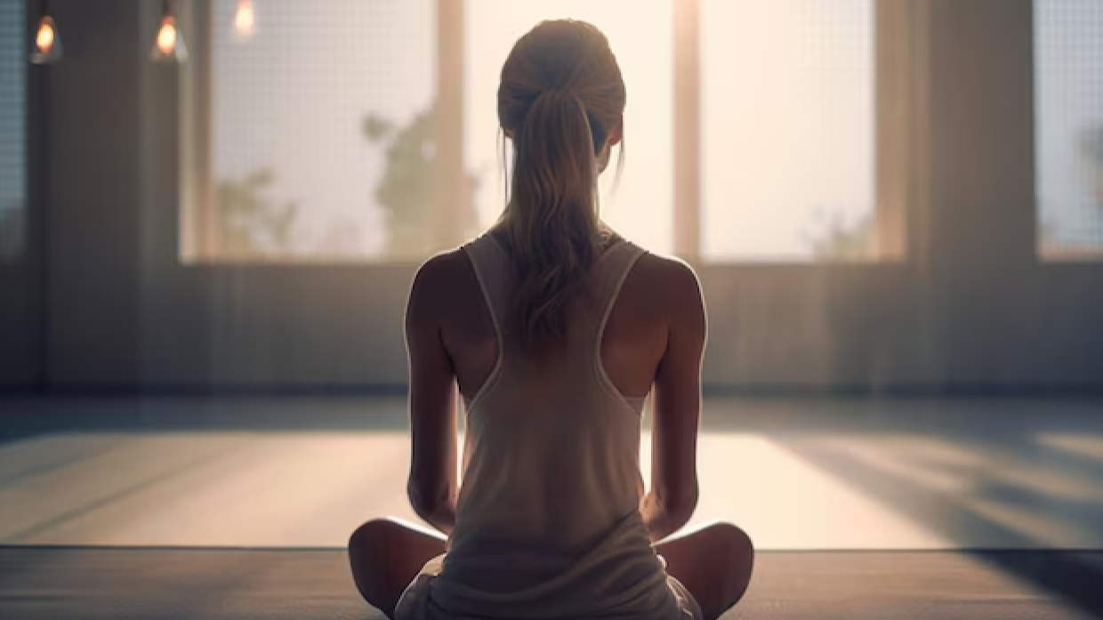 A woman sitting in a yoga pose on a mat, practicing meditation in a room with sunlight coming through large windows.