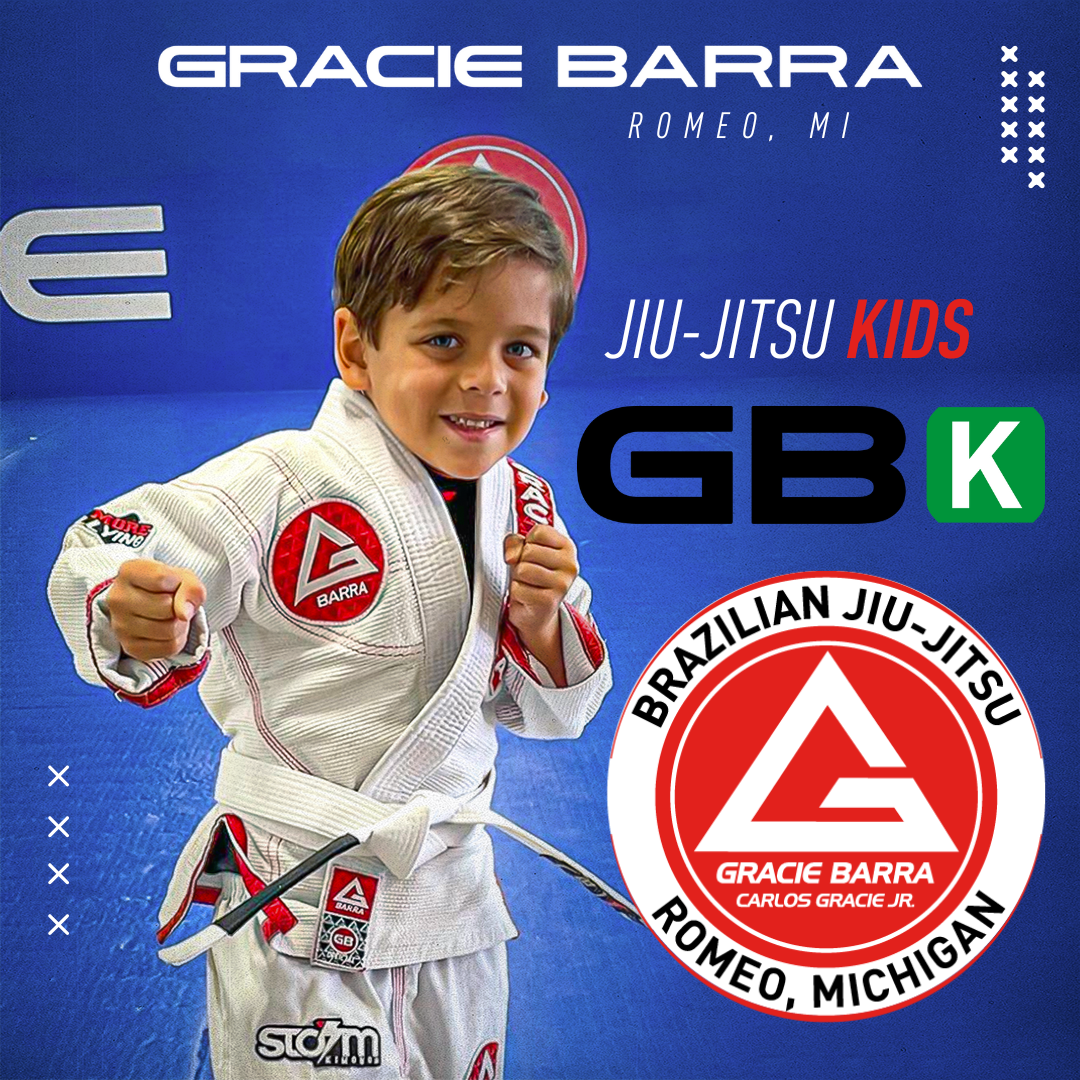 Child wearing a Brazilian Jiu-Jitsu gi with logos, standing against a blue background with text promoting a kids Jiu-Jitsu class at Gracie Barra in Romeo, Michigan, featuring a red and white Gracie Barra logo.