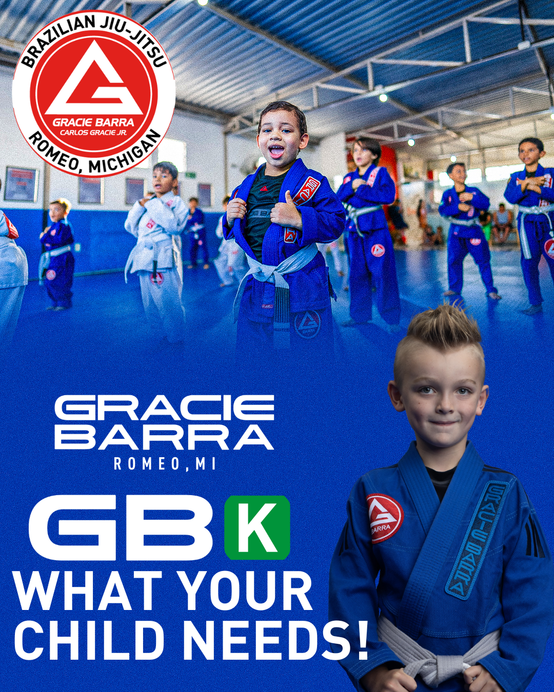 Children practicing Brazilian Jiu-Jitsu in a gym, with the logos and text promoting Gracie Barra martial arts in Romeo, Michigan, including the phrase "What your child needs!"