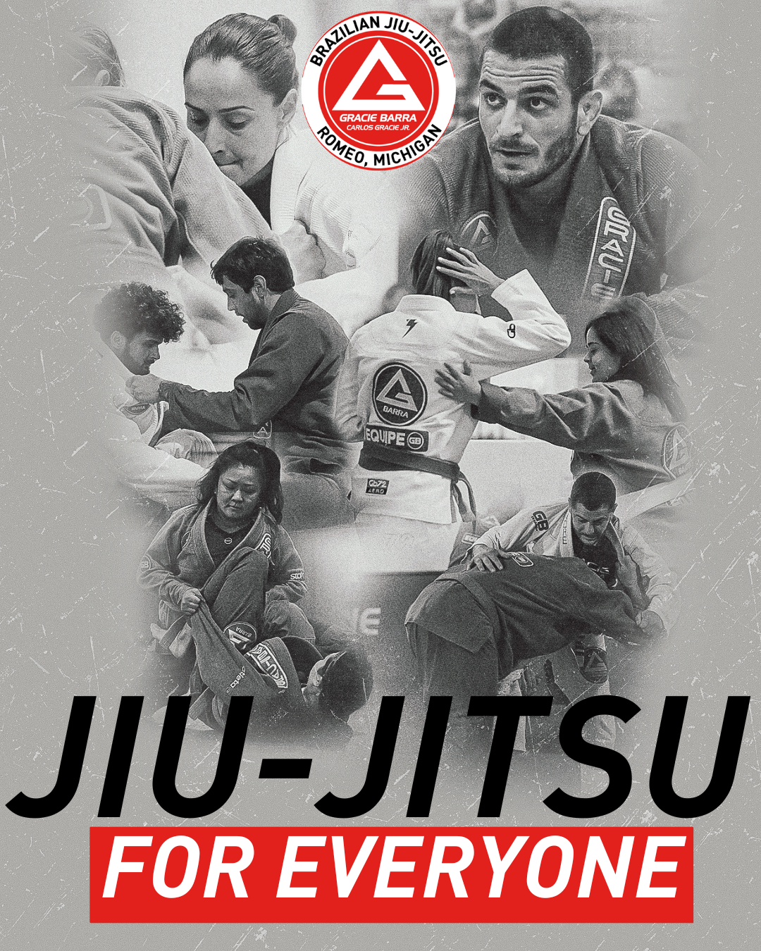 Black and white collage of martial artists practicing Brazilian Jiu-Jitsu, with a red and white logo at the top featuring a triangle and text, and bold black and red text at the bottom saying "Jiu-Jitsu for Everyone".