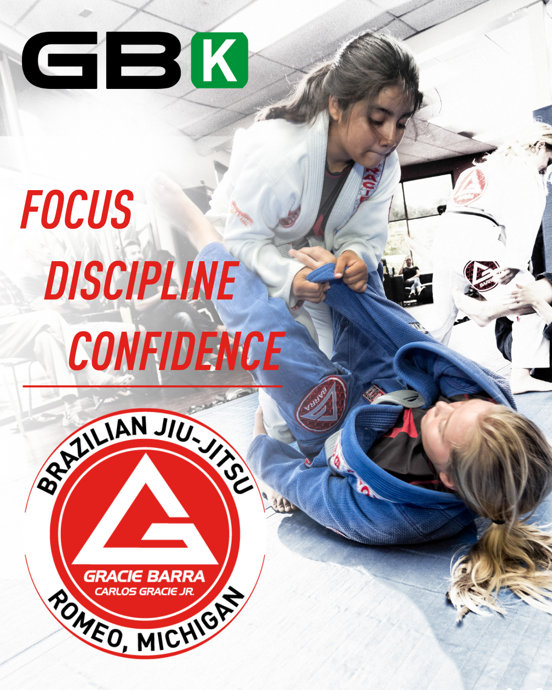 Brazilian Jiu-Jitsu training session with two female practitioners, one on top of the other, in a gym. Text overlay promotes focus, discipline, and confidence.