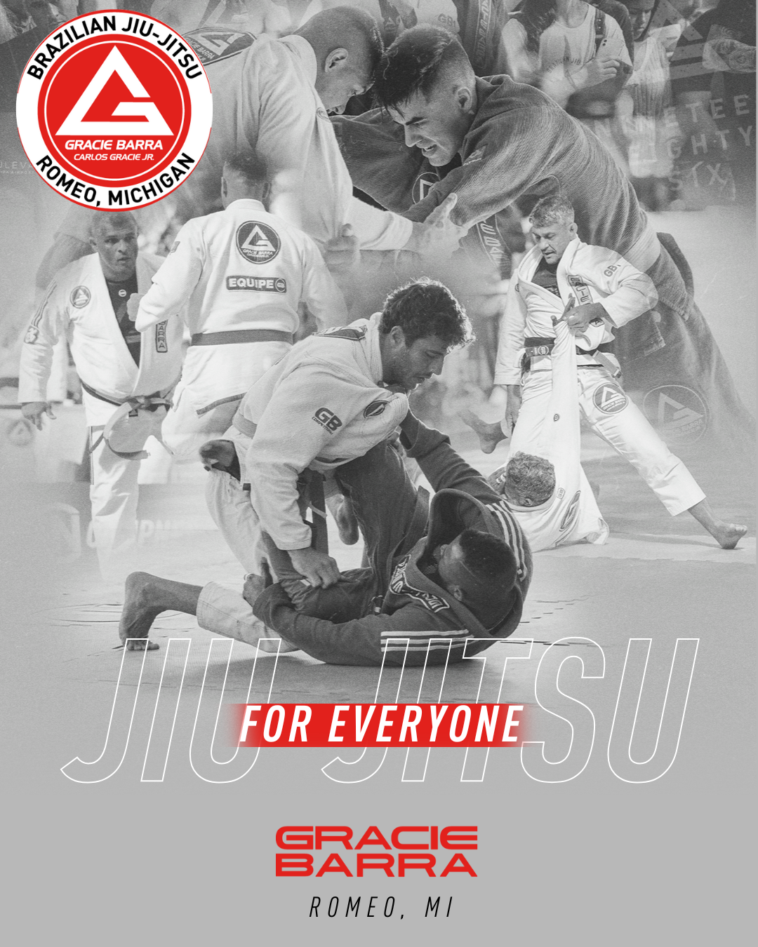 Black and white photo of Brazilian Jiu-Jitsu practitioners in a grappling match, with one person on the ground and others engaged or observing. The image includes a logo for Gracie Barra in the top left corner, with text indicating the event location in Romeo, Michigan, and promotional wording 'Jiu Jitsu for everyone'.
