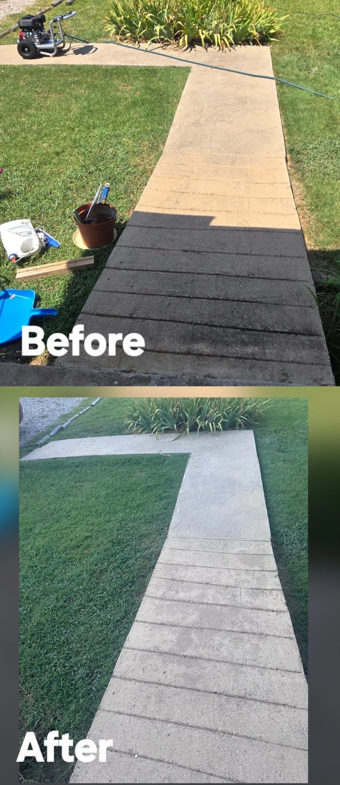 Comparison of a concrete sidewalk before and after cleaning or resurfacing. The 'Before' section shows a darker, stained, and worn concrete, while the 'After' section shows a brighter, cleaner, and newer-looking concrete. The surrounding grass and garden are visible in both images.