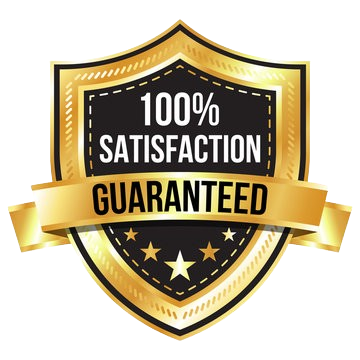 Gold and black shield-shaped badge with the text '100% Satisfaction Guaranteed' and stars.