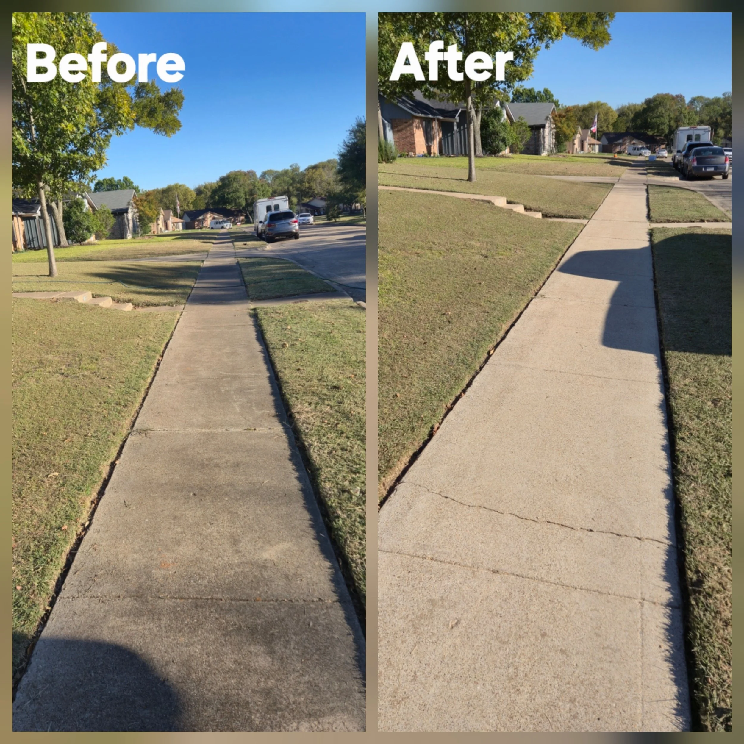 Comparison of sidewalk before and after cleaning or repair, with houses, trees, and parked cars in the background.