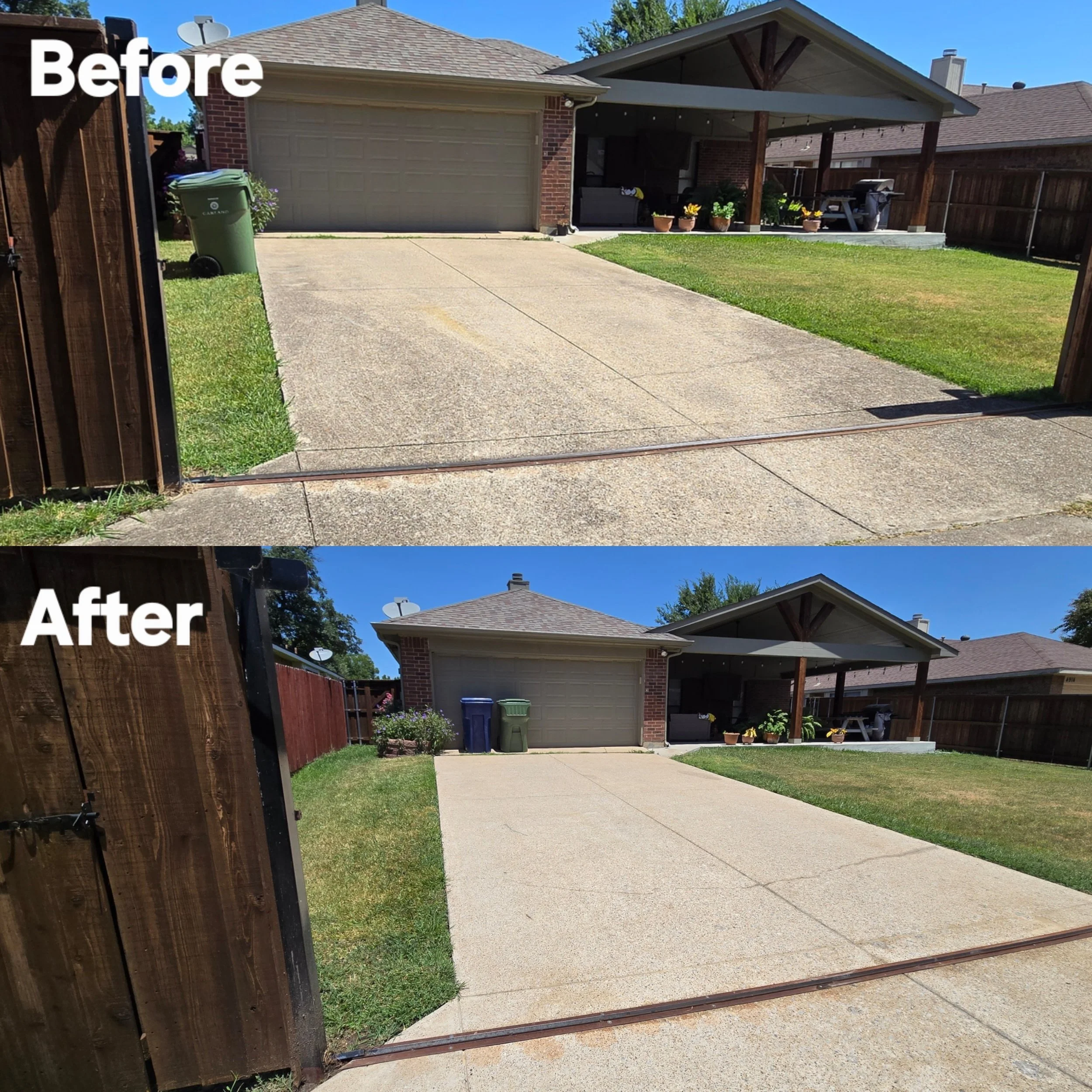 Comparison of a driveway before and after cleaning or repair. In the 'Before' image, the driveway appears stained and weathered, while in the 'After' image, it looks cleaner and brighter.