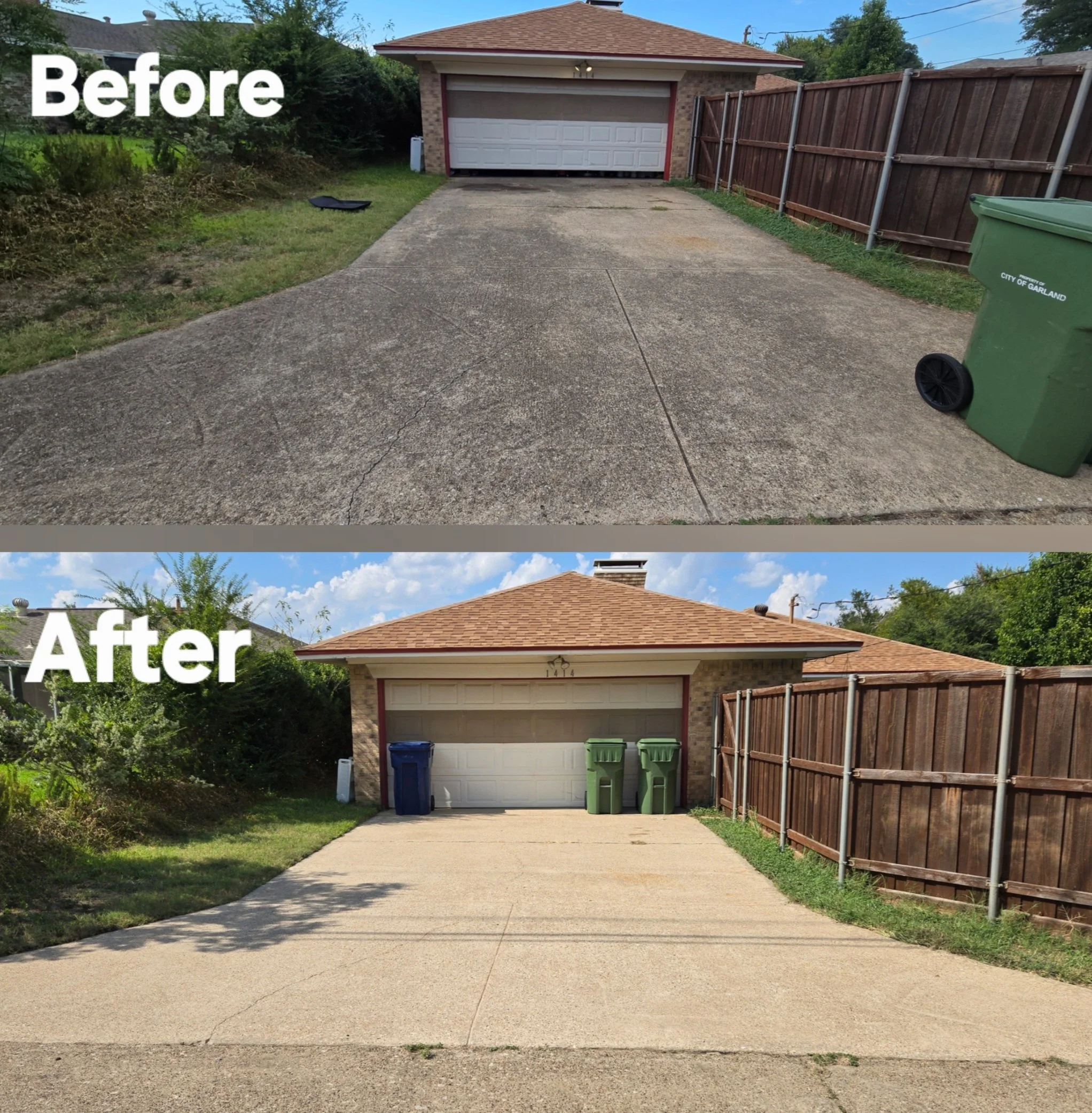 Comparison of a driveway before and after it has been resurfaced with new concrete, with a garage in the background and trash bins on the right.