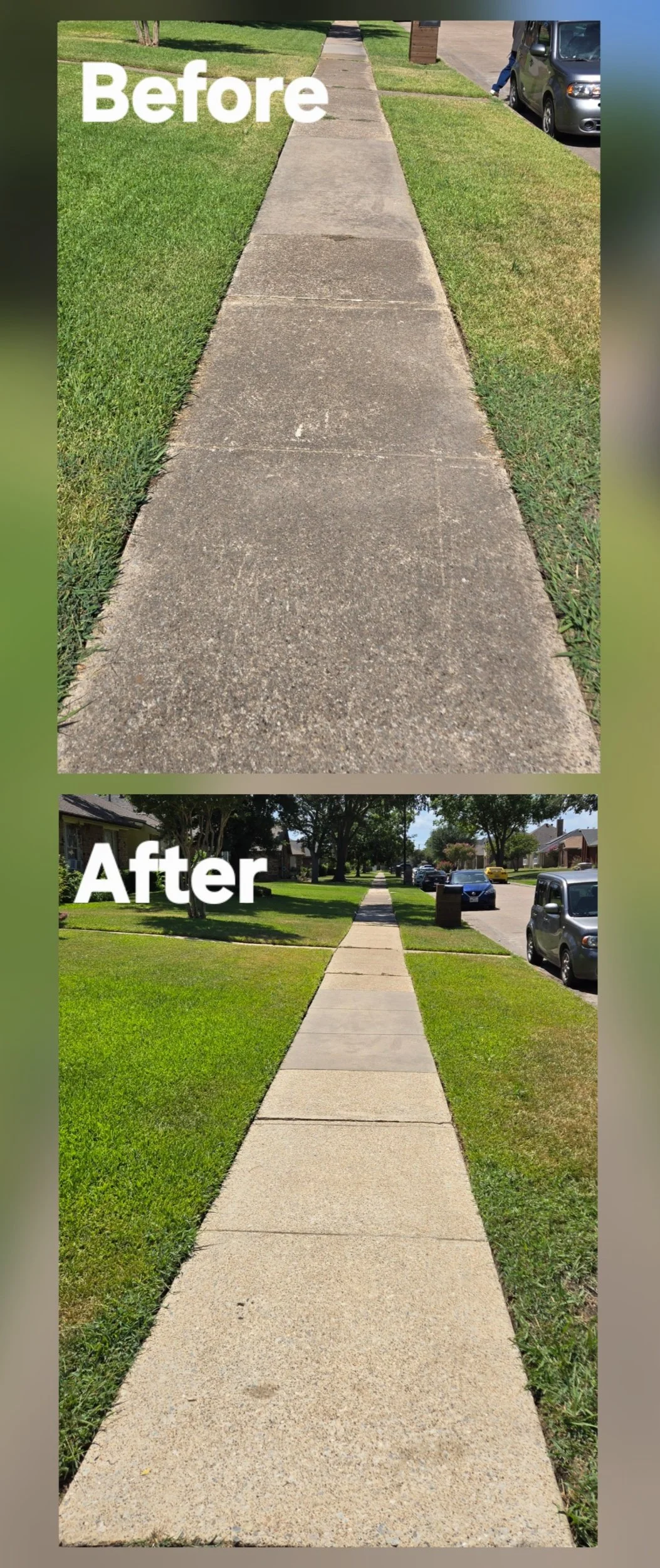 Sidewalk before and after cleaning and resurfacing. The 'Before' section shows a stained and worn sidewalk, while the 'After' section displays a cleaner, freshly resurfaced sidewalk with vibrant grass on either side.