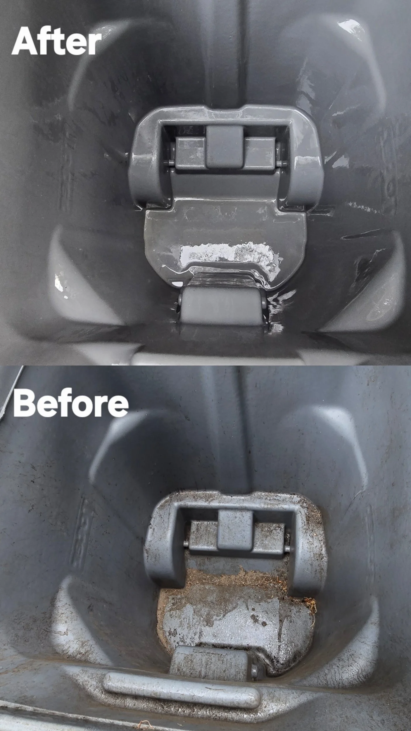 Comparison of trash can interior before and after cleaning, showing a clean, refurbished bin and a dirty, grimy one with residual dirt and debris.