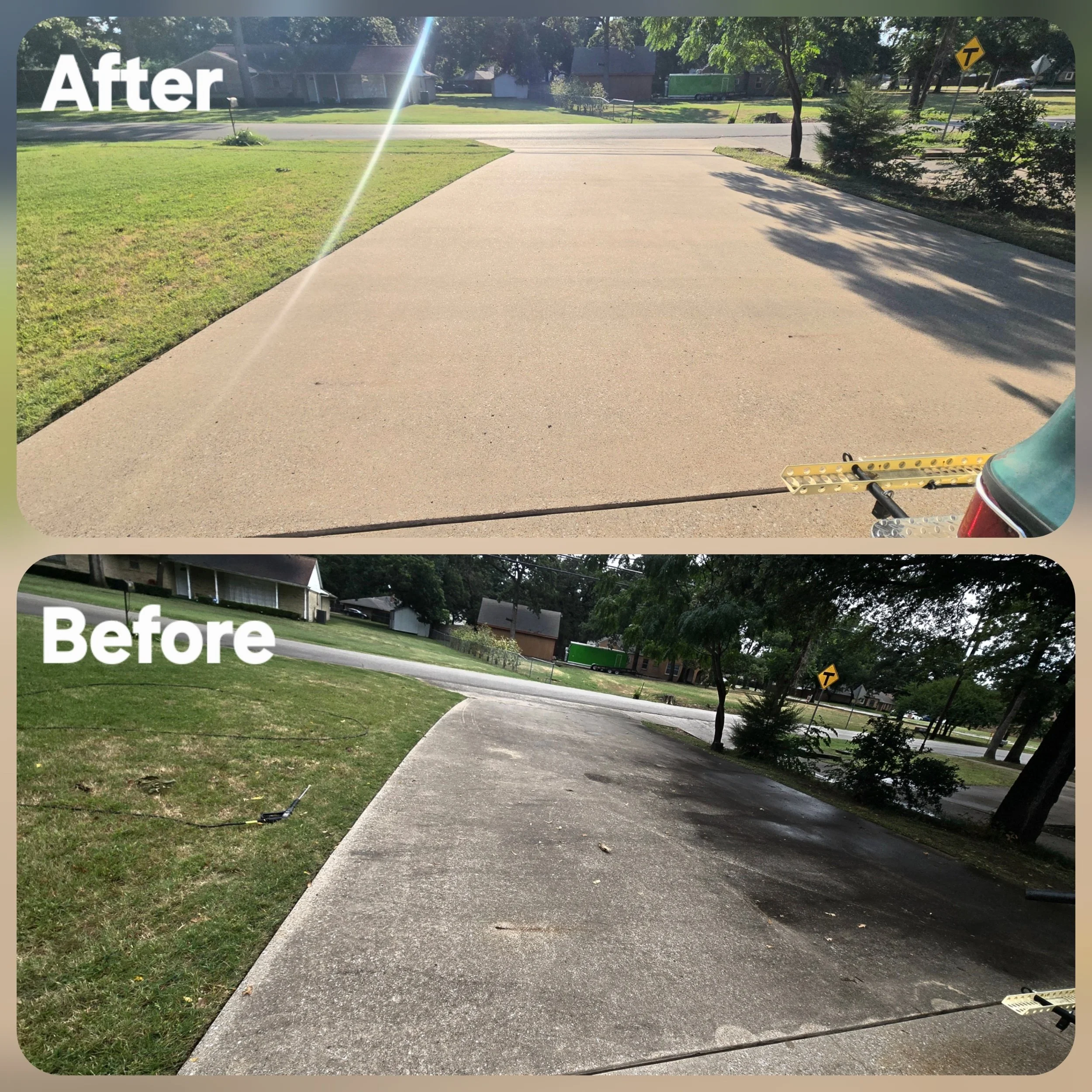 Comparison of a concrete driveway after cleaning, showing a clean, light surface in the 'After' photo, and a dirty, darker surface in the 'Before' photo.