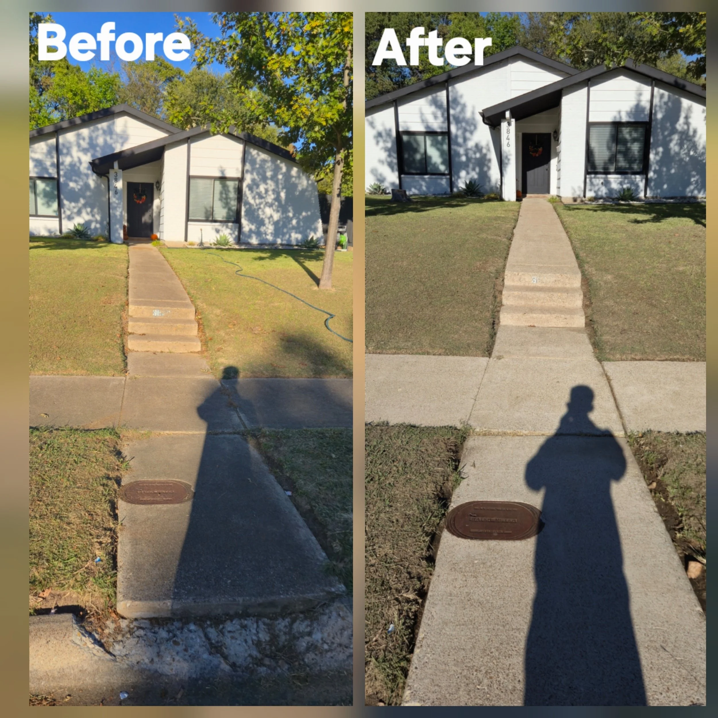 Comparison of front yards showing before and after landscaping, with a house having a white exterior, black trim, and a concrete walkway leading to the front door, with shadows of the photographer visible.