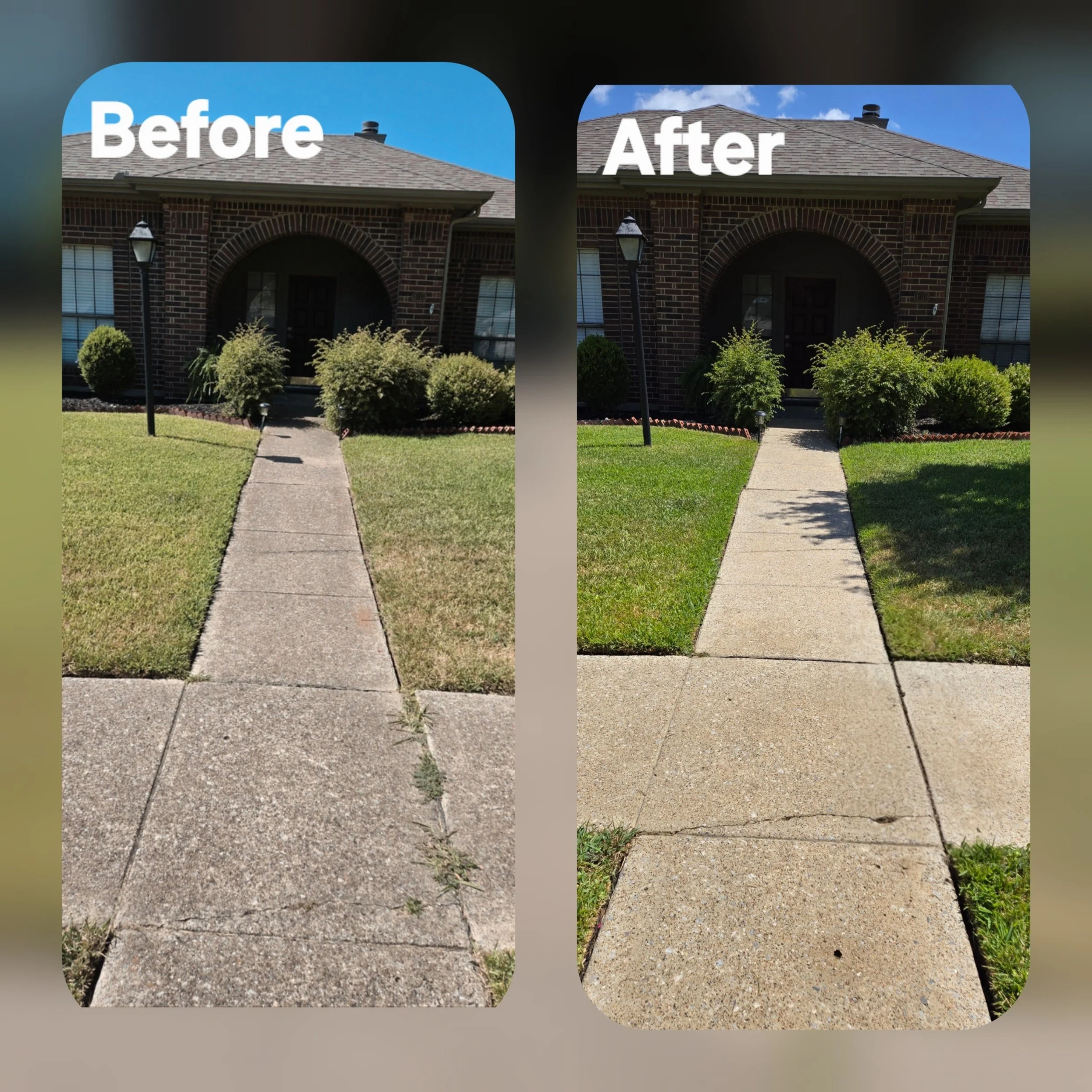 Side-by-side comparison of a house's front sidewalk before and after cleaning. The before image shows a stained, dirty sidewalk with weeds, the after image shows a cleaner, brighter sidewalk.