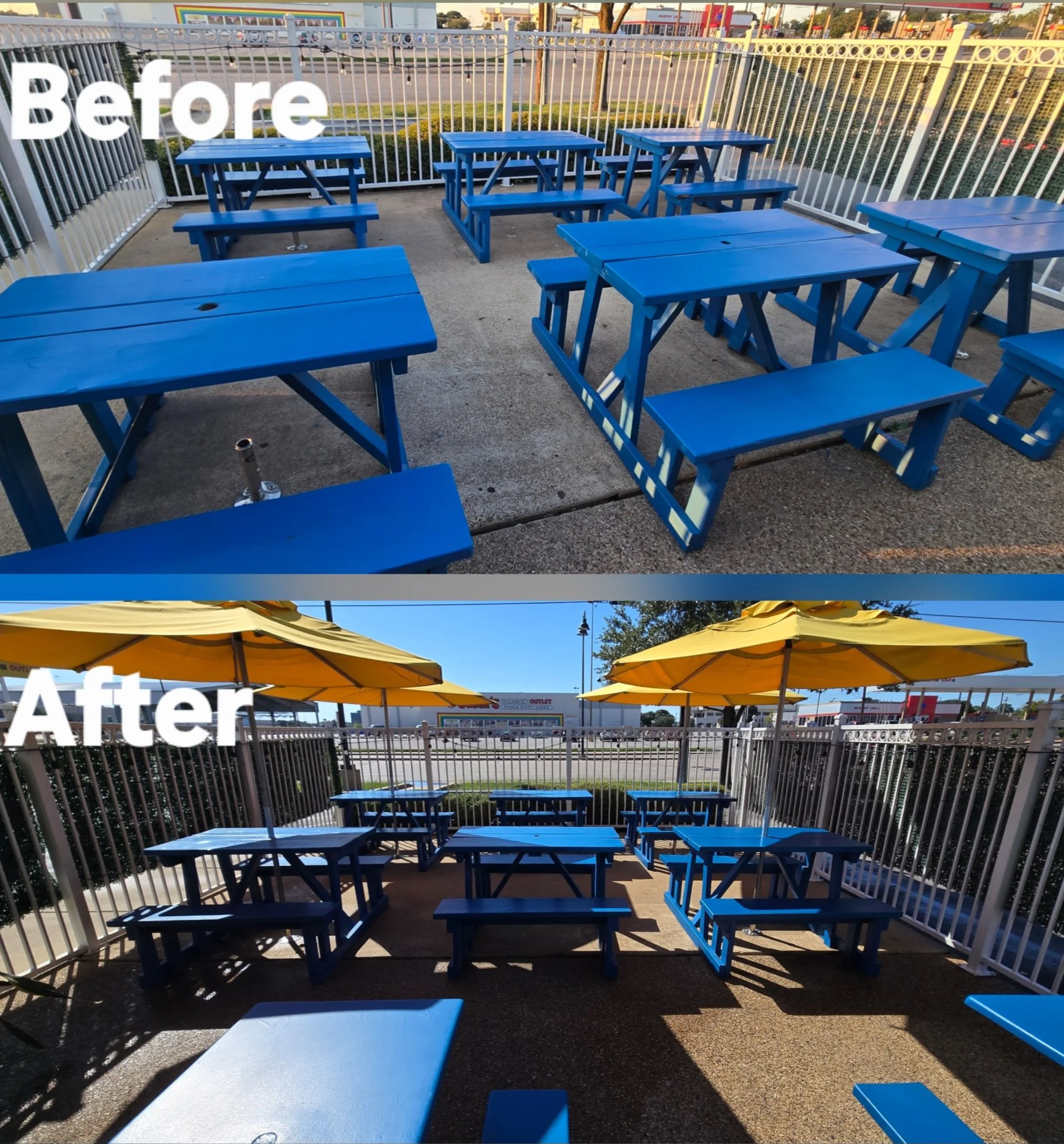 Comparison of outdoor seating area before and after adding yellow umbrellas, with blue picnic tables and white fencing.