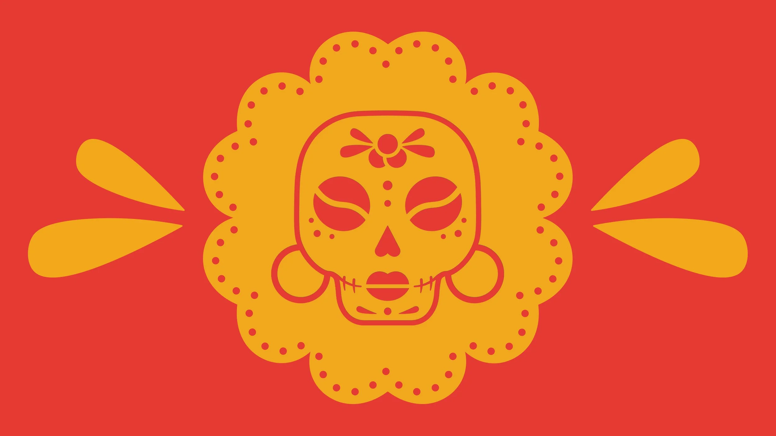 Marigold-yellow and red sugar skull graphic designed for Café Calaveras.
