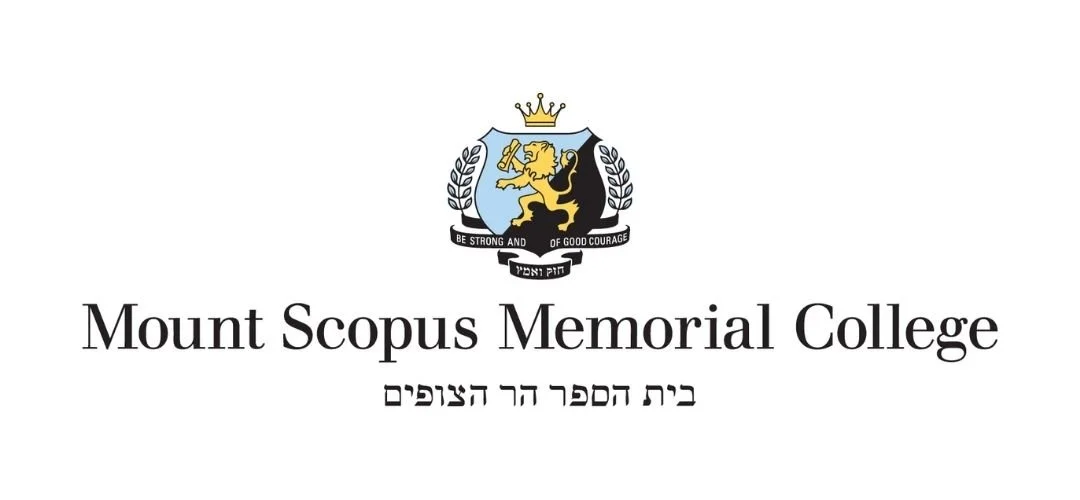 Mount Scopus Memorial College logo with a crest featuring a lion, laurel branches, a crown, and Hebrew text.