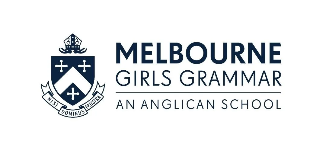 Logo of Melbourne Girls Grammar, an Anglican school, with a shield, a crest, and the school name in blue text.