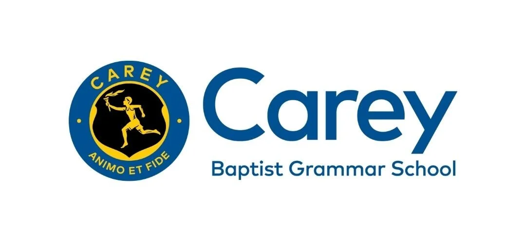 Logo of Carey Baptist Grammar School with the school's name and emblem featuring a runner and the Latin motto 'Animo et Fide'.